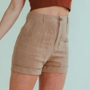 Mod Ref 100% Linen High Waist  Shorts Relaxed Fit Tan Size S New